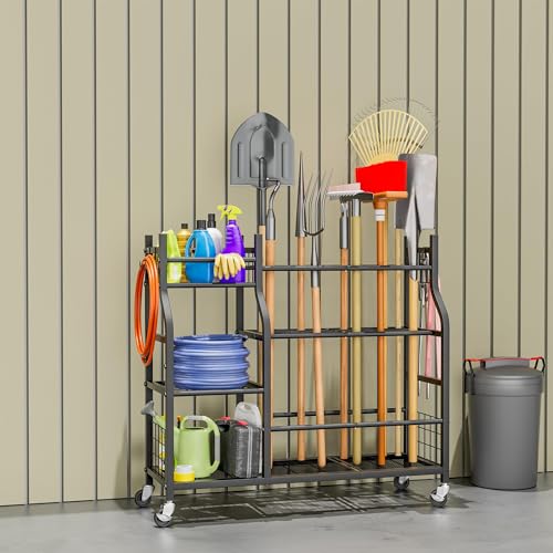 Garden Tool Organizer with Wheels for Garage and Shed, Spacious Tool Storage, Multi-Tier Design with Side Hooks for Rakes, Shovels, Brooms, and Yard Tools Rolling Cart - size: 37.2 x 12.6 x 34.4