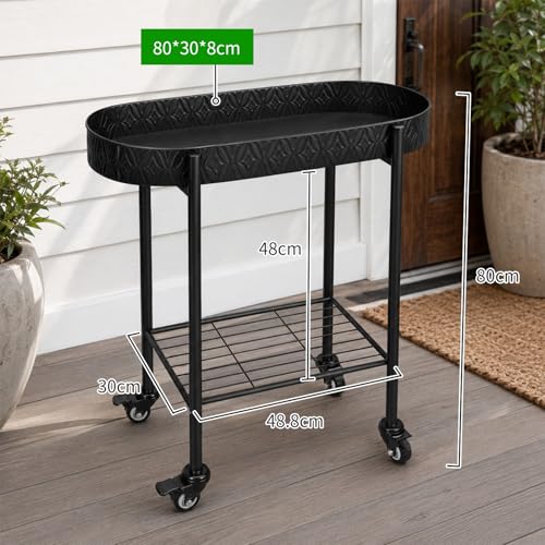 Growsun Metal Rolling Succulent Plant Stand with Drainage Holes, Nursery Pots, Wheels, and Lower Storage Shelf, Indoor Outdoor Plant Cart (Black, Large) - color: Black, size: Large