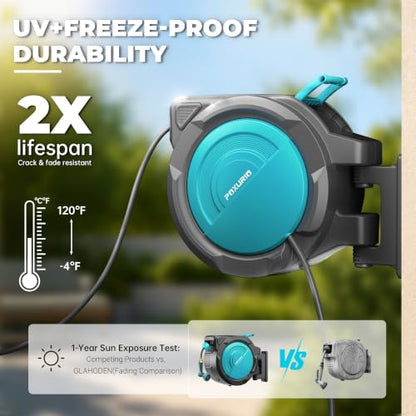 5/8" 110FT Retractable Garden Hose Reel-Heavy Duty Automatic Wall Mounted Hose Reel with 2026 Upgraded UV Resistant, 3/4" Brass Fitting, 10 Pattern Nozzle, 180° Swivel&Any Length Lock Slow Retraction - size: 110FT-5/8''