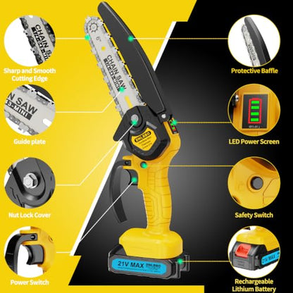 Mini Chainsaw - 6 Inch Battery Chainsaw with Power Display, 2 Batteries Included, Garden Tool for Tree Branch Trimming & Wood Cutting, Ideal Holiday Gifts for Men, Fathers & Gardening Enthusiasts - color: Yellow03