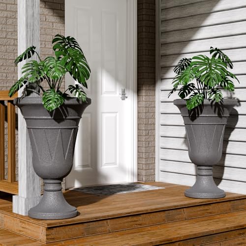 Tall Plastic Urn Planters and Pedestal - 24" Outdoor Planter Grey - color: Dark Grey-trophy