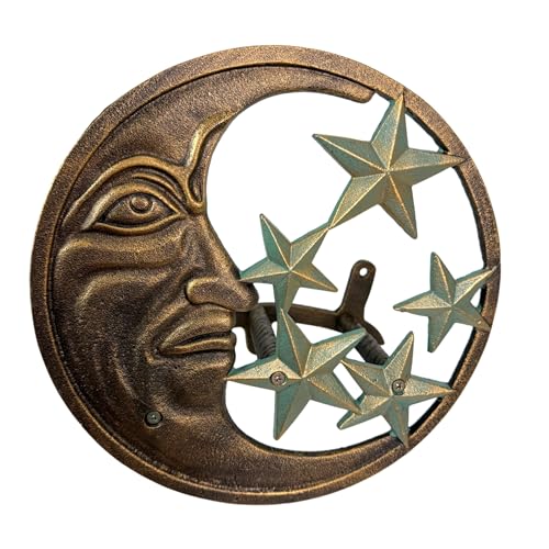 Zeckos Garden Hose Holder Moon Face Stars 11.5 Inch Cast Iron Verdigris - color: Moon & Stars - Verdigris Stars