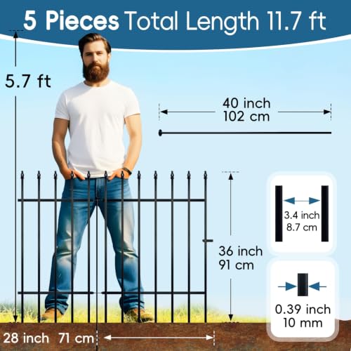 Thealyn 36" H x 28" W Metal Garden Fence with Gate, Animal Barrier, 11.6 Ft - color: Black, size: 36″ H x 11.6 ft (4 Panels + 1 Gate)