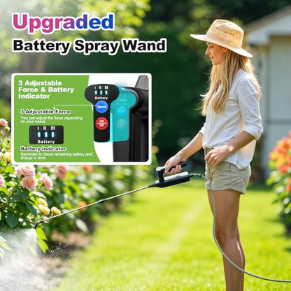 Battery Powered Sprayer Wand, 32 Inch Garden Sprayer Telescopic Wand with 3 Adjustable Speeds, Battery Indicator, 26.2 FT Hose, 7.4V Rechargeable Water Sprayer Wand with 4 Adjustable Nozzles & Filter