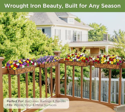 HFHOME 24 Inch Railing Planter Box with Coco Liners for Porch, Fence, Patio, Balcony Hanging Flower Railing Baskets with Adjustable Brackets, Outdoor Garden - 4 Packs - size: 24"-4P Butterfly