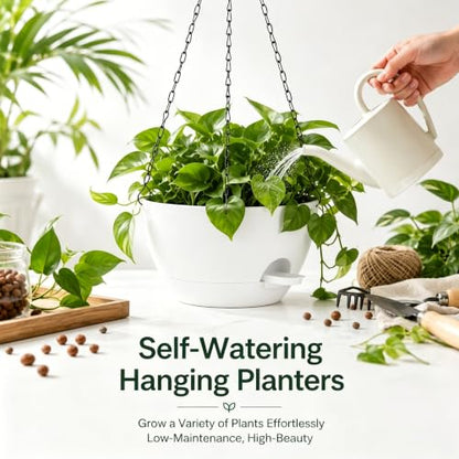 2 Pack 12 Inch Self‑Watering Hanging Planters Plant Pots, White - color: White