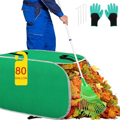 Hysagtek Portable Pop Up Leaf Collector - 80 Gallon Foldable Reusable Yard Garden Leaf Bags with Handles, Self-Standing, Comes with Gloves