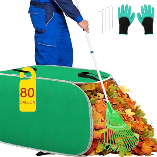 Hysagtek Portable Pop Up Leaf Collector - 80 Gallon Foldable Reusable Yard Garden Leaf Bags with Handles, Self-Standing, Comes with Gloves