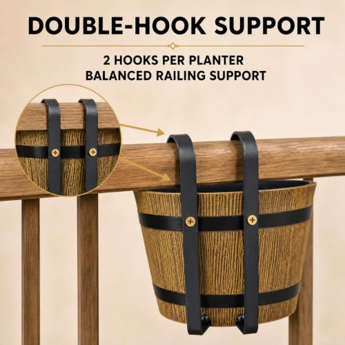 2-Pack Hanging Railing Planters, 7 in Rustic Barrel Flower Pots