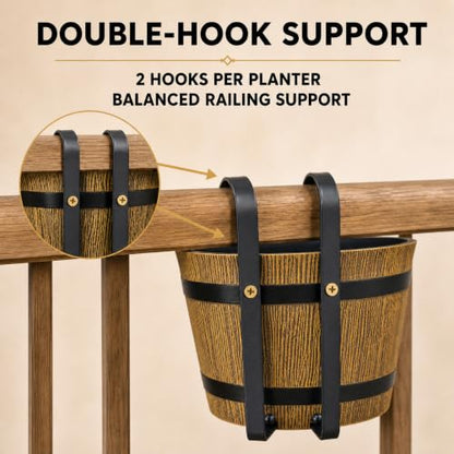 2-Pack Hanging Railing Planters, 7 in Rustic Barrel Flower Pots