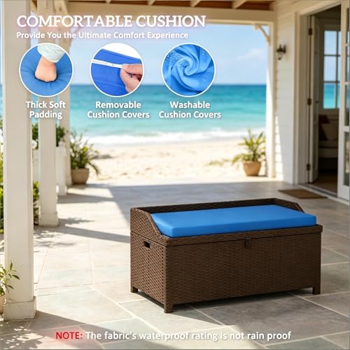 34 Gallon Outdoor Storage Bench, Rattan Wicker Deck Box with Blue Cushion - color: Blue,Coffee