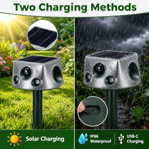 2026 Upgraded Solar Animal Repeller Outdoor, 240° Dual-Sided Ultrasonic Cat Deterrent, Motion Activated Deer Raccoon Squirrel Dog Rabbit Skunk Repellent, IP66 Waterproof, USB-C + Solar