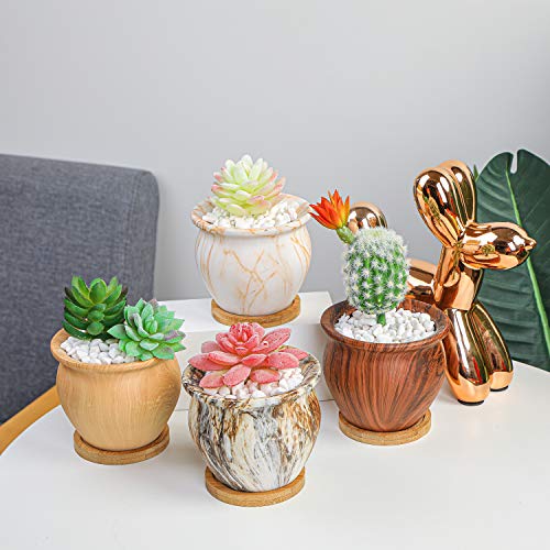 ARTKETTY Succulent Pots, 4.5 Inch Small Plant Pots with Drainage Tray - color: Marble