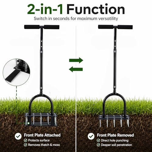Lawn Aerator - 2-in-1 Manual Aerator with Automatic Dirt and Leaf Clean, Heavy-Duty Reinforced 15 Spikes & Ergonomic T-Handle for Lawn Maintenance, Garden Care, Yard Work (Black)