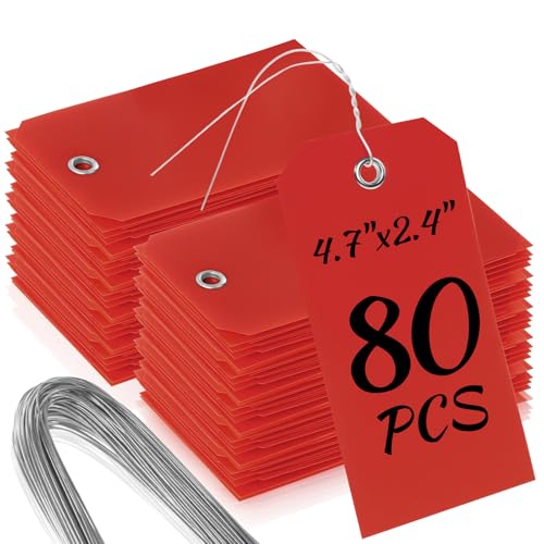 80 Pcs Plastic Tags with Wire for Labeling, Waterproof Blank Shipping & Price Tags Bulk with Metal Eyelet and String, 4.7"x2.4" for Home Office Warehouse Farm Garden Luggage (Red) - color: Red
