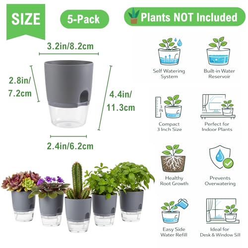3.2 Inch Self Watering Planters 5 Pack Plastic Wicking Pots Grey - color: 3.2''-5pack-grey
