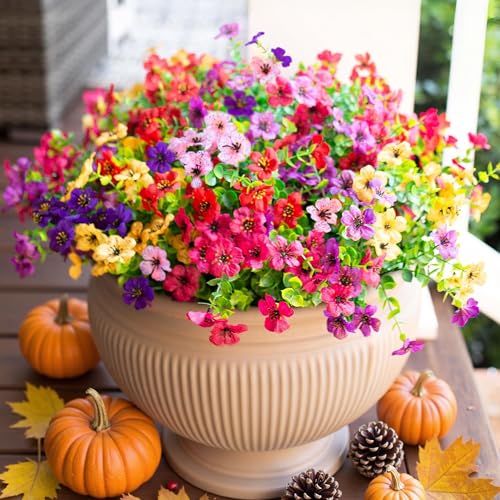 HyeFlora Artificial Flowers for Outdoor Indoor Garden Home Decoration, Faux Flower Daisy with Eucalyptus Leaves Fake Plants Greenery Boxwood Porch Patio, 12 Bundles (6 Multicolor) - color: 6 Multicolor