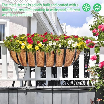 Legigo 2 Pack 16 Inch Window Box Deck Railing Planter with Coconut Liner, Balcony Rail Planters Horse Trough Window Planter Boxes, Metal Railing Hanging Flower Baskets for Outdoor Porch Fence Patio