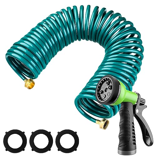 Pangda Expandable Coil Garden Hose 25 ft with Spray Nozzle, Green - color: Green, size: 25 Ft