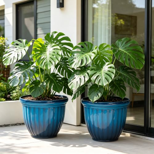Autodaya 15" Large Planters for Outdoor Plants Set of 2 Plastic Flower Pots - color: 15" Gradient Cobalt Blue Finish