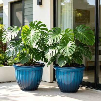 Autodaya 15" Large Planters for Outdoor Plants Set of 2 Plastic Flower Pots - color: 15" Gradient Cobalt Blue Finish