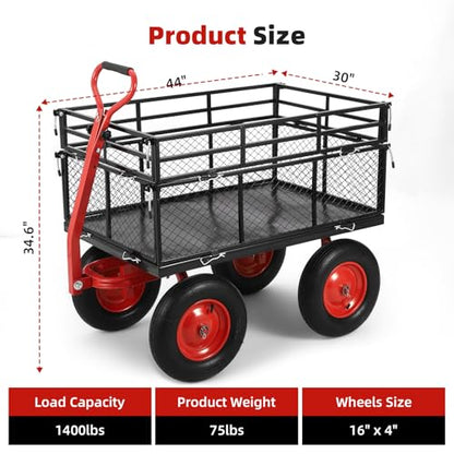 1400 LBS Steel Garden Yard Cart, Heavy-Duty Metal Garden Wagon Convertible 2-in-1 Handle and Removable Sides to Convert into Flatbed Lawn and Utility Wagons Cart