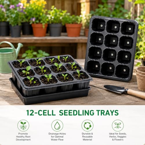 10 Pack Seed Starter Trays with Drainage Holes, Reusable 12 Cell Seedling Trays for Seed Starting, Plant Germination Trays for Herbs, Vegetables, Flowers, Indoor Greenhouse & Outdoor Gardening, Black