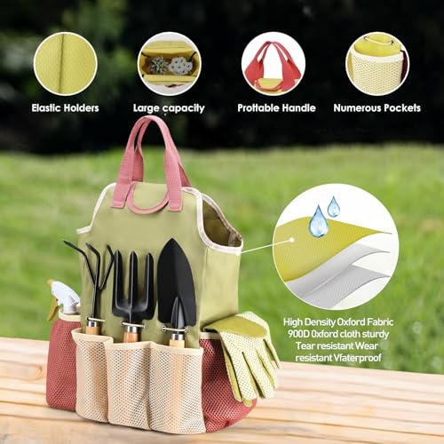 APSARAS USA Gardening Tools, Garden Tool Set, 10 Pieces Heavy Duty Sturdy Steel Gardening Tool Set with 600D Oxford Cloth Storage Tote Bag, Durable Supplies Kit Perfect Garden Gifts for Father - style: Wood Handle and Sturdy Steel