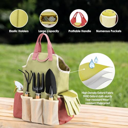 APSARAS USA Gardening Tools, Garden Tool Set, 10 Pieces Heavy Duty Sturdy Steel Gardening Tool Set with 600D Oxford Cloth Storage Tote Bag, Durable Supplies Kit Perfect Garden Gifts for Father - style: Wood Handle and Sturdy Steel
