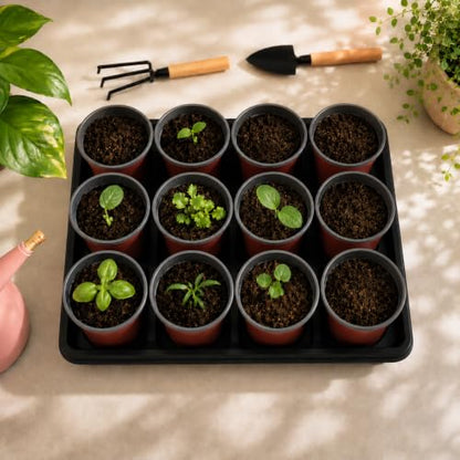 60pcs 3.5 inch Plastic Nursery Pots and 5 Pack Seedling Tray - size: Lightweight Trays+Red Round Pots-5P