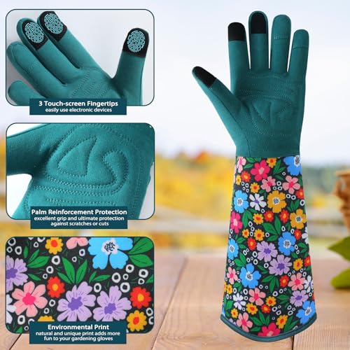 Gardening Gloves for Women, Long Garden Gloves with Grip, Thorn-Proof, Gift - color: Dark Green - Flower Leaf