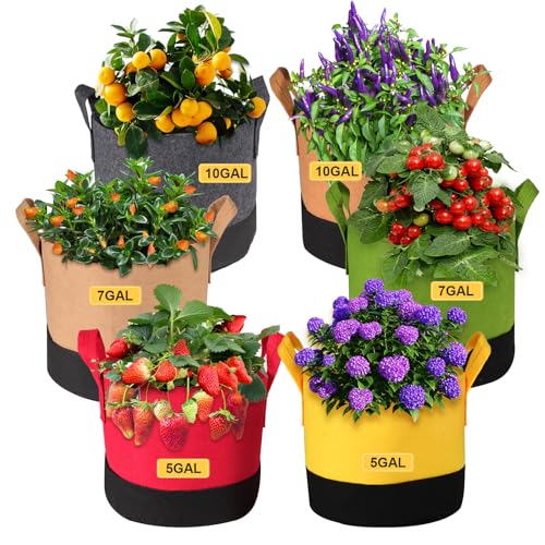6-Pack 5/7/10 Gallon Grow Bags - 350G Heavy Duty Fabric Pots with Handles, Multi-Size Planter Bags for Potatoes Tomatoes Vegetables Fruit Flowers Herbs - color: 6 Color, size: 5 Gallon*2+7 Gallon*2+10 Gallon*2