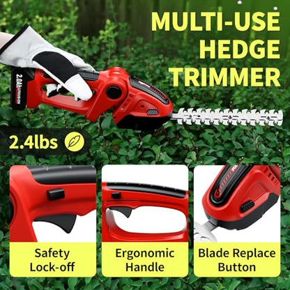 FULLYEA Cordless Hedge Trimmer, 2-in-1 Grass Shear with 2 * 2.0Ah Batteries