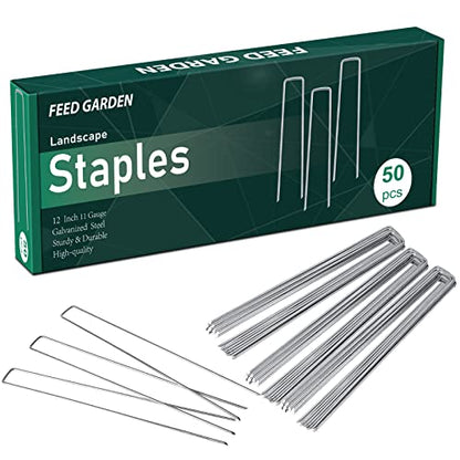 FEED GARDEN 12 Inch 50 Pack Galvanized Landscape Staples 11 Gauge Anti-Rust Garden Stakes Landscaping Fabric SOD Pins Yard Stakes for Weed Barrier Fabric - size: 12 Inch