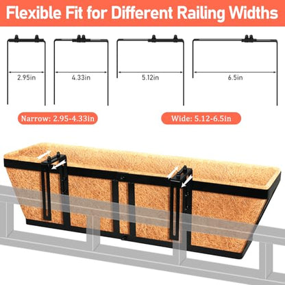 Riare 3 Pack 24 Inch Metal Railing Planter Window Box with Coco Liner- Adjustable Window Flower Boxes for Railings, Hanging Rail Planters for Deck, Balcony, Porch, Fence, Indoor Outdoor Plants - size: 24in