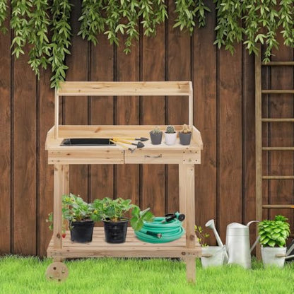 36" Wooden Potting Bench Work Table with Wheels, Removable Sink, Drawer, Shelves & Garden Storage Workstation (Natural Wood) - color: Natural Wood