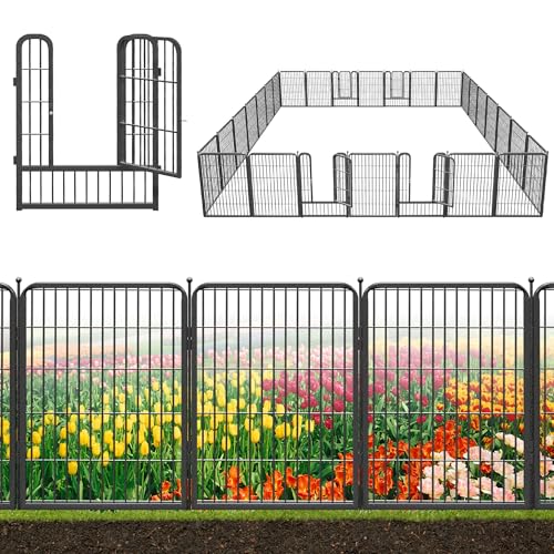 Decorative Black Metal Fencing Garden Fence with Gate, 64ft(L) 32in(H) 28 Fence Panels No Dig Fence Rustproof Animal Barrier Fence Temporary Dog Panels Fencing Outdoor - size: 64ft-32"H(24 Panels+4 Gates)