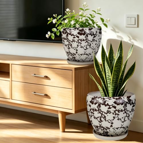 Ceramic Plant Pots With Saucer & Drainage, 8 inch Indoor Flower Pots - color: White, size: 8 inch