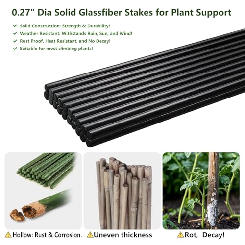 Garden Stakes 48 inch 20 Pack 0.27" Dia Solid Glassfiber Plant Support Rod Tomato Trellis Stakes (Black) - color: Black