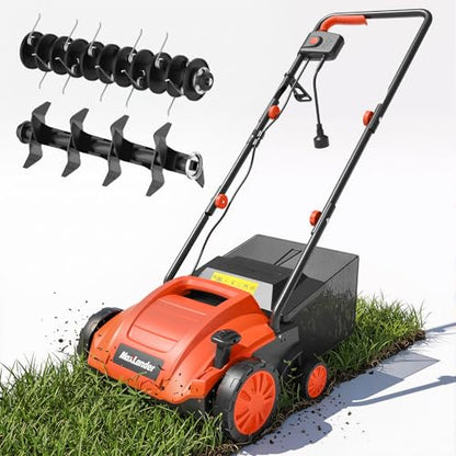 MAXLANDER 13 Inch Electric Dethatcher and Scarifier, 12 Amp Lawn Dethatcher with 4-Position Depth Adjustment, 30L Thatch Bag, 2-in-1 Walk Behind for Lawn Garden Care Removing Thatch - color: Orange/Black