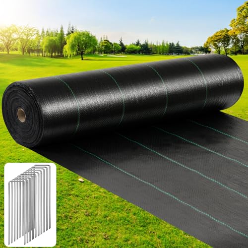 6x300FT Heavy Duty Weed Barrier Fabric, Woven Landscape Cover with 60 Pegs - size: 3.2oz-6ftx300ft with 60 pegs