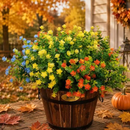 Artificial Flowers Outdoors, 12 Bundles Fake Flowers UV-Anti for Decoration Faux Plastic Plants Garden Porch Window Box Décor, YellowPurpleBlueGreen - color: Yellow+ Orange+ Blue+ Green