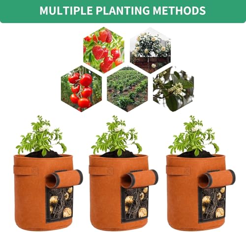 5-Pack 7 Gallon Grow Bags with Harvest Window 300g Thickened Nonwoven Fabric Heavy Duty Plant Pots for Vegetables, Potato, Tomatoes Carrots Gardening Containers with Handles Orange
