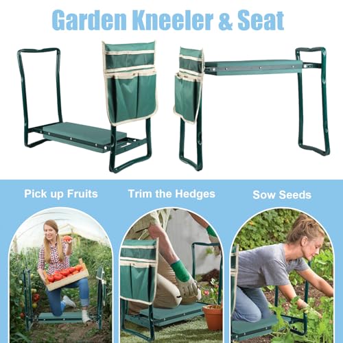 Garden Kneeler and Seat, Foldable Kneeling Stool with Tool Bag Pouch EVA Foam Pad Outdoor Practical Garden Tools for Kneeling and Sitting Sturdy and Lightweight,Green