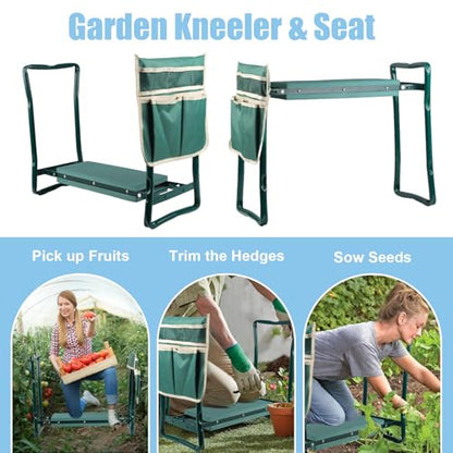 Garden Kneeler and Seat, Foldable Kneeling Stool with Tool Bag Pouch EVA Foam Pad Outdoor Practical Garden Tools for Kneeling and Sitting Sturdy and Lightweight,Green