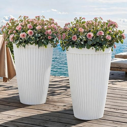 Autodaya 20" Tall Fluted Resin Planters Set of 2 with Drainage Holes - color: White Fluted-20"h