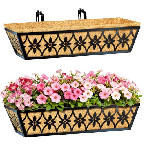 24 Inch Window Boxes Planters Railing Planter Box - 2 Pack Deck Railing Planter Boxes with Adjustable Brackets Coco Liners Balcony Planters Railing Hanging for Window Flower Boxes Outdoor Garden Decor - size: 24 Inch