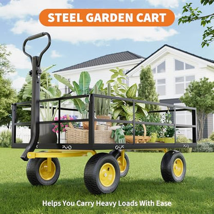 Steel Garden Cart on Wheels, 1400 Lbs Heavy Duty Yard Utility Wagon with Removable Mesh Sides, All Terrain Pneumatic Tires, Durable Metal Frame for Lawn, Garden, Farm - Black Yellow - color: Black+yellow, size: 1400LBS