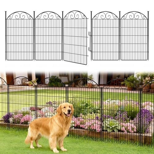 COLRASN 5 Panels No Dig Decorative Garden Dog Fence Outdoor for Yard, 48in(H) x 12.08ft(W) with Latch Tall Animal Barrier Fenceing Panels, Rustproof Ground Stakes Temporary Wire Screen for Patio - size: 48 in(H) X 12.08ft(L)(+1 Lock)