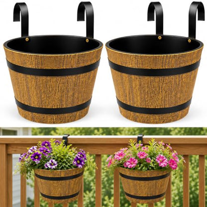 2-Pack Hanging Railing Planters, 7 in Rustic Barrel Flower Pots